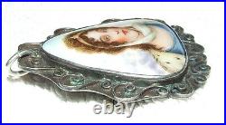 Antique Victorian Hand Painted Porcelain Panel Sterling Silver Pendant Brooch