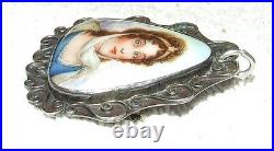 Antique Victorian Hand Painted Porcelain Panel Sterling Silver Pendant Brooch