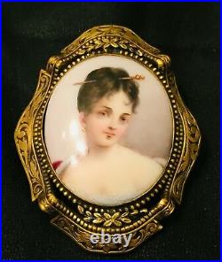 Antique Victorian Hand Painted Porcelain Portrait Brooch Cameo Ornate Gold Pin