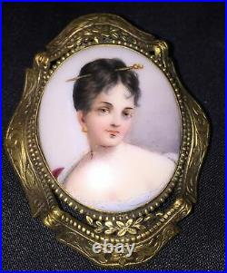 Antique Victorian Hand Painted Porcelain Portrait Brooch Cameo Ornate Gold Pin