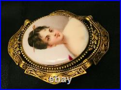 Antique Victorian Hand Painted Porcelain Portrait Brooch Cameo Ornate Gold Pin