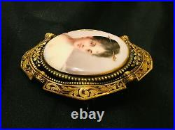 Antique Victorian Hand Painted Porcelain Portrait Brooch Cameo Ornate Gold Pin