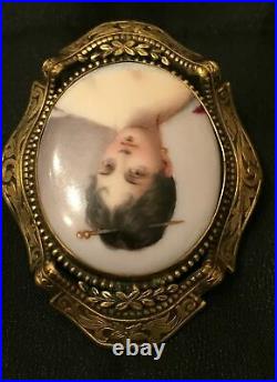 Antique Victorian Hand Painted Porcelain Portrait Brooch Cameo Ornate Gold Pin