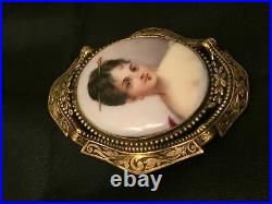 Antique Victorian Hand Painted Porcelain Portrait Brooch Cameo Ornate Gold Pin