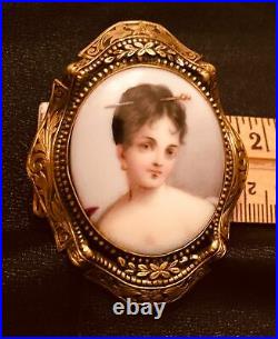 Antique Victorian Hand Painted Porcelain Portrait Brooch Cameo Ornate Gold Pin