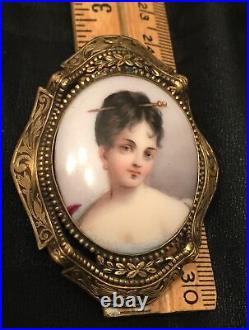 Antique Victorian Hand Painted Porcelain Portrait Brooch Cameo Ornate Gold Pin