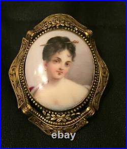 Antique Victorian Hand Painted Porcelain Portrait Brooch Cameo Ornate Gold Pin