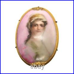 Antique Victorian Hand-Painted Porcelain Portrait Brooch in Gold Vermeil Frame
