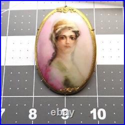 Antique Victorian Hand-Painted Porcelain Portrait Brooch in Gold Vermeil Frame