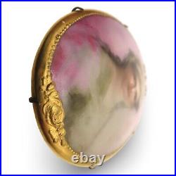 Antique Victorian Hand-Painted Porcelain Portrait Brooch in Gold Vermeil Frame