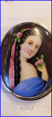 Antique Victorian Hand Painted Porcelain Portrait Brooch of Young Beauty w Rose