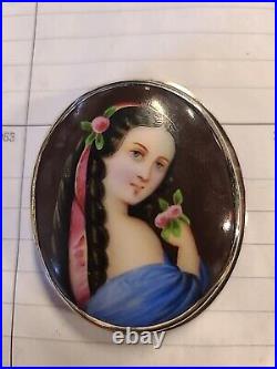 Antique Victorian Hand Painted Porcelain Portrait Brooch of Young Beauty w Rose