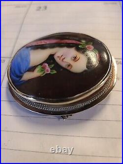Antique Victorian Hand Painted Porcelain Portrait Brooch of Young Beauty w Rose