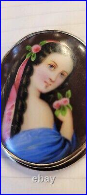 Antique Victorian Hand Painted Porcelain Portrait Brooch of Young Beauty w Rose