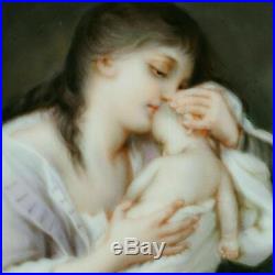 Antique Victorian Hand Painted Porcelain Portrait Plaque, Mother & Infant Baby