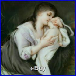 Antique Victorian Hand Painted Porcelain Portrait Plaque, Mother & Infant Baby