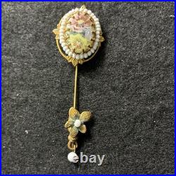 Antique Victorian Hand-Painted Porcelain Stick Pin withPearls & Enamel Drop c. 1895