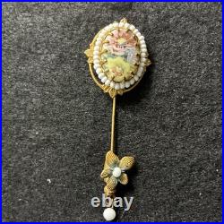 Antique Victorian Hand-Painted Porcelain Stick Pin withPearls & Enamel Drop c. 1895