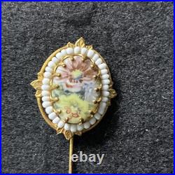 Antique Victorian Hand-Painted Porcelain Stick Pin withPearls & Enamel Drop c. 1895