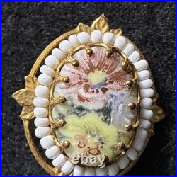 Antique Victorian Hand-Painted Porcelain Stick Pin withPearls & Enamel Drop c. 1895