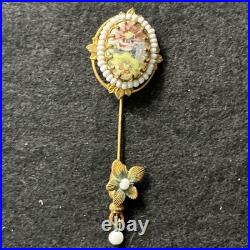 Antique Victorian Hand-Painted Porcelain Stick Pin withPearls & Enamel Drop c. 1895