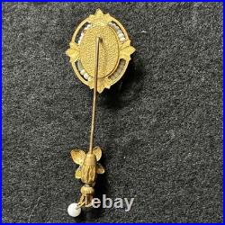 Antique Victorian Hand-Painted Porcelain Stick Pin withPearls & Enamel Drop c. 1895