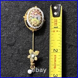 Antique Victorian Hand-Painted Porcelain Stick Pin withPearls & Enamel Drop c. 1895