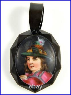 Antique Victorian Hand Painted Porcelain Vulcanite Pendant Necklace