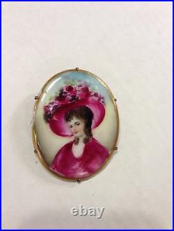 Antique Victorian Hand Painted Portrait Brooch Pin So Nice