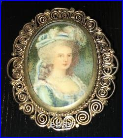 Antique Victorian Hand Painted Portrait Cameo Gilded Brooch Georgian Pin