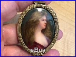 Antique Victorian Hand Painted Portrait Cameo Pin or Necklace