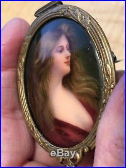 Antique Victorian Hand Painted Portrait Cameo Pin or Necklace