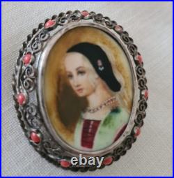 Antique Victorian Hand Painted Portrait Lady Silver Intricat Filigree With Coral