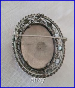 Antique Victorian Hand Painted Portrait Lady Silver Intricat Filigree With Coral