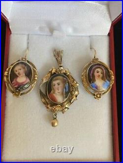 Antique/ Victorian Hand Painted Portrait earrings and pendant