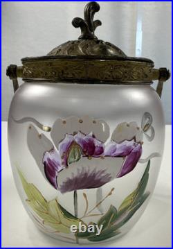 Antique Victorian Hand Painted Satin Glass Biscuit Cracker Jar Brass Mount c1890
