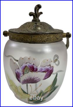 Antique Victorian Hand Painted Satin Glass Biscuit Cracker Jar Brass Mount c1890