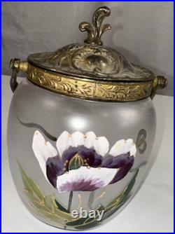 Antique Victorian Hand Painted Satin Glass Biscuit Cracker Jar Brass Mount c1890