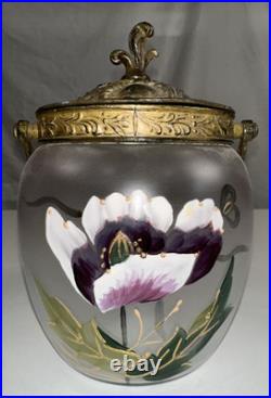 Antique Victorian Hand Painted Satin Glass Biscuit Cracker Jar Brass Mount c1890