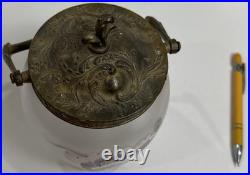 Antique Victorian Hand Painted Satin Glass Biscuit Cracker Jar Brass Mount c1890