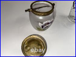 Antique Victorian Hand Painted Satin Glass Biscuit Cracker Jar Brass Mount c1890