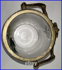 Antique Victorian Hand Painted Satin Glass Biscuit Cracker Jar Brass Mount c1890
