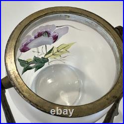 Antique Victorian Hand Painted Satin Glass Biscuit Cracker Jar Brass Mount c1890