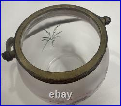 Antique Victorian Hand Painted Satin Glass Biscuit Cracker Jar Brass Mount c1890