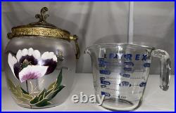 Antique Victorian Hand Painted Satin Glass Biscuit Cracker Jar Brass Mount c1890