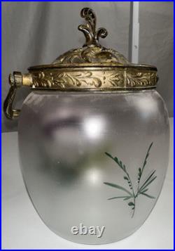 Antique Victorian Hand Painted Satin Glass Biscuit Cracker Jar Brass Mount c1890
