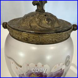 Antique Victorian Hand Painted Satin Glass Biscuit Cracker Jar Brass Mount c1890