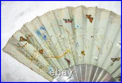 Antique Victorian Hand Painted Satin and Mother of Pearl Hand Fan 1880's