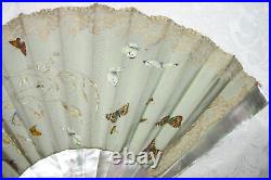 Antique Victorian Hand Painted Satin and Mother of Pearl Hand Fan 1880's