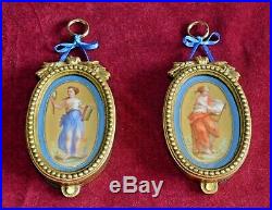 Antique Victorian Hand Painted Sevres Style Panels in Gilt Ormolu Frames Pair of